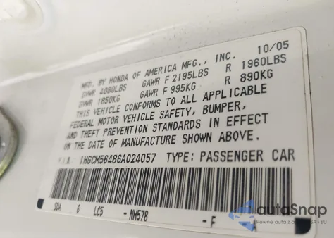 2006 Honda Accord 2.4 Lx z USA, uszkodzony, nr VIN 1HGCM56486A024057